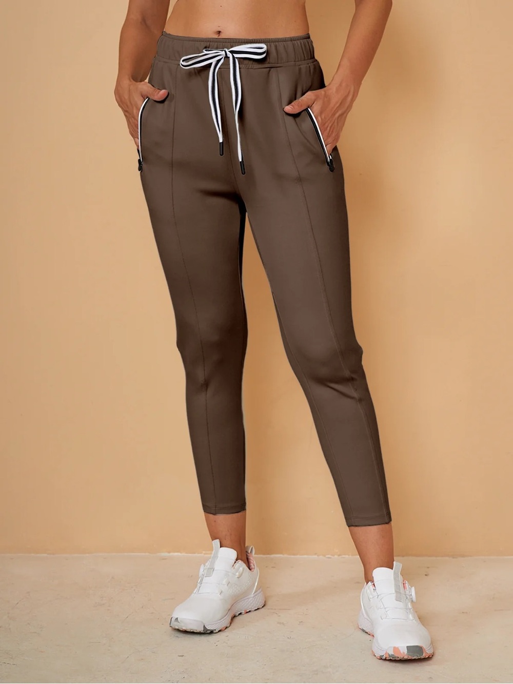NWT Acegolfs Women's Brown Drawstring Capris with Zip Pockets